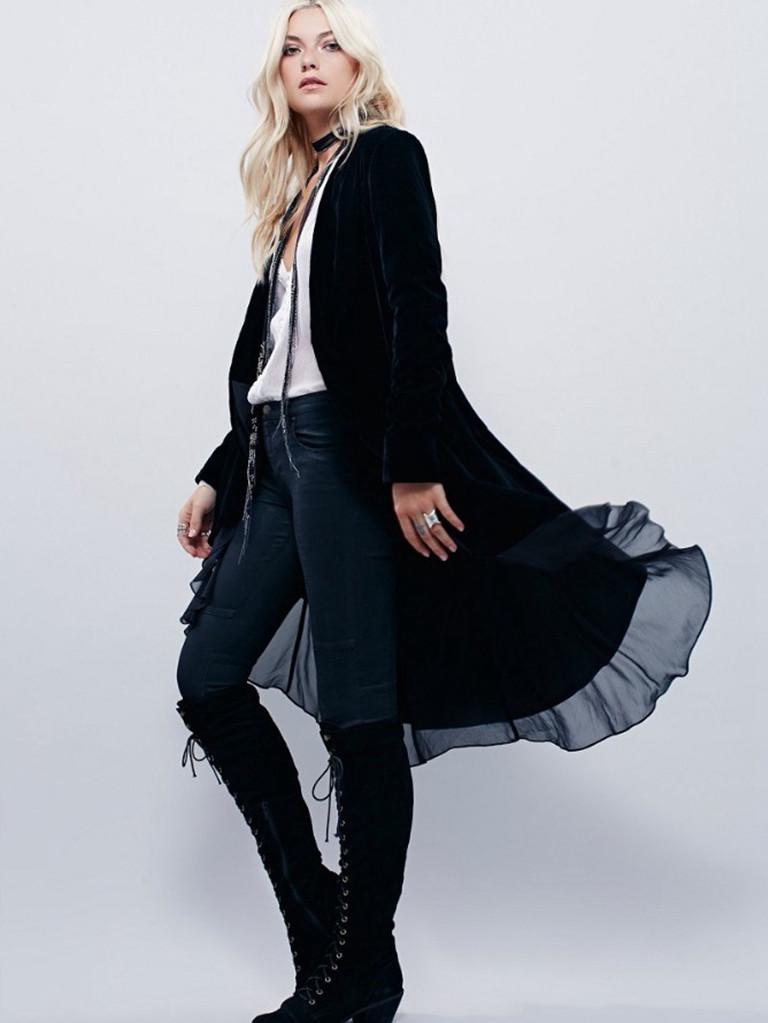 

Women' Trench Coats The Jacket Fashionable Light Ripe Flowing Windbreaker Medium-length Section Ruffle Edge Gold Velvet, Black