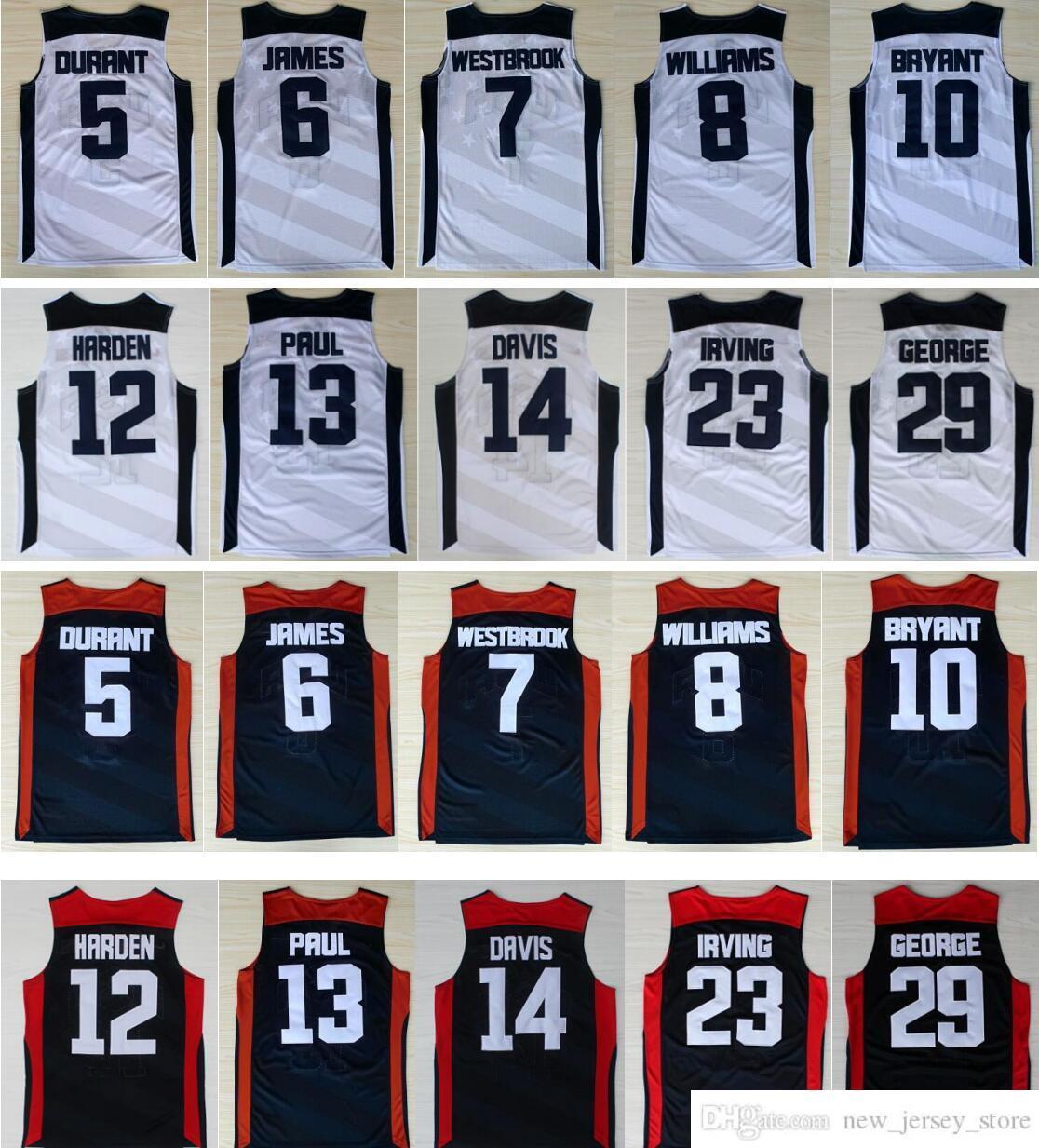 

2012 Dream Team Kevin 5 Durant LeBron 6 James 10 Bryant Chris Paul Harden Williams Westbrook Davis Blue White NCAA Basketball Jerseys, Black
