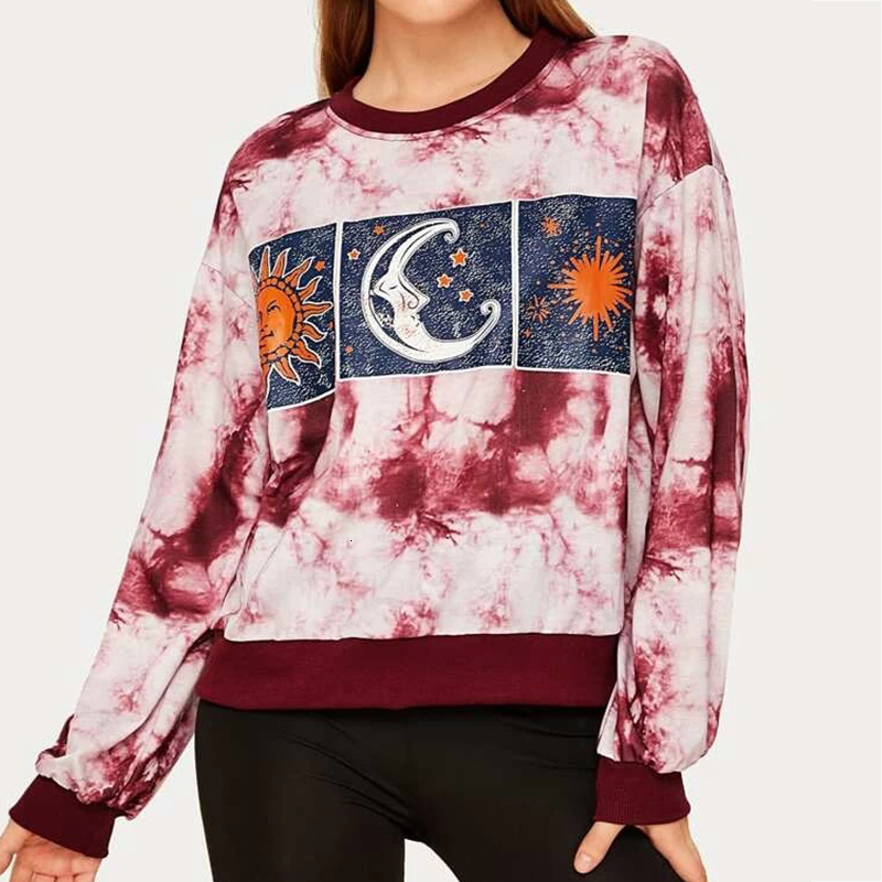 

2021 Harajuku Lasso-dye Pattern Imprint Crewneck Female Sweatshirt Oversized Casual Autumn New Long Sleeve Korean Streetwear Tops Ajv2, Wine red