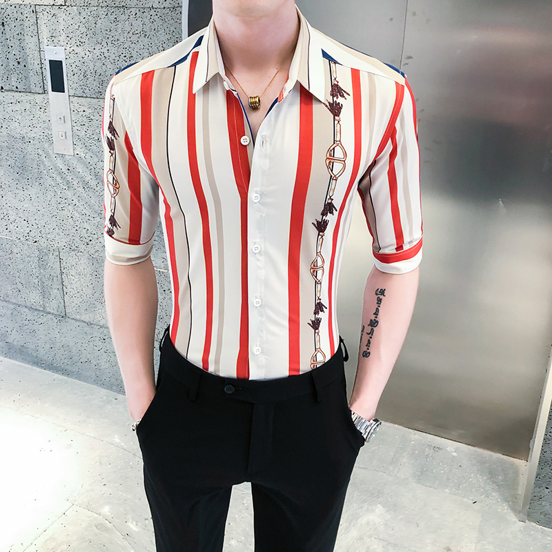 

2021 New Men's Fashions Clothes All Game Will See Korean Striped Shirts Fine Trim Half Manly Sleeve Casual Male Blouse Homme 3xl-m 4sp0, As the photo show