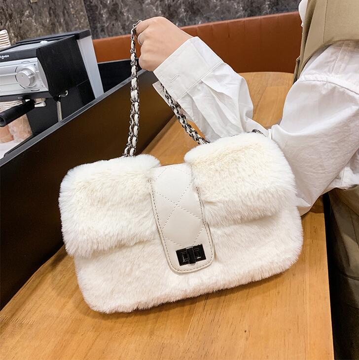 

wholesale womens leathers messenger bags elegant sweet lovely plushs chain bag winter Joker solid color women plush backpack small fresh soft leather handbag, Khaki(boutique box)