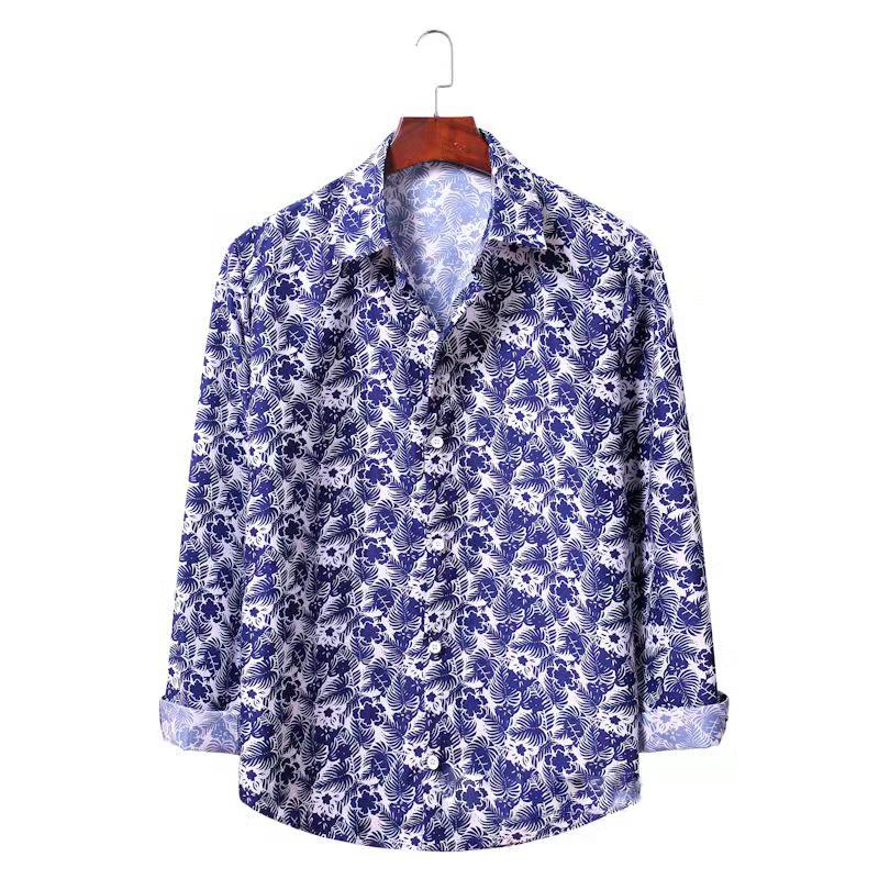 

Men's Casual Shirts 2022 Spring Autumn Men Fashion Turn-down Collar Buttoned Shirt Feather Printing Long Sleeve Tops Streetwear, White;black