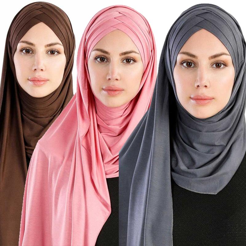 

Scarves 2021 Women Jersey Scarf Soft Plain Cotton Instant Hijab Shawls And Wraps Foulard Femme Muslim Hijabs Ready To Wear Headscarf