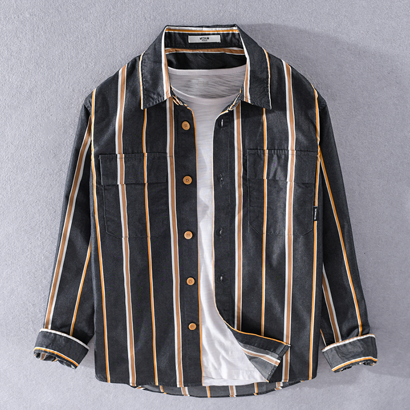 

2021 New Stripe Cotton Black Brand Fashion for Men Casual Comfortable Shirt Mens Tops Striped Shirts Male Chemise Camisa Fe1g, Black apricot stripe