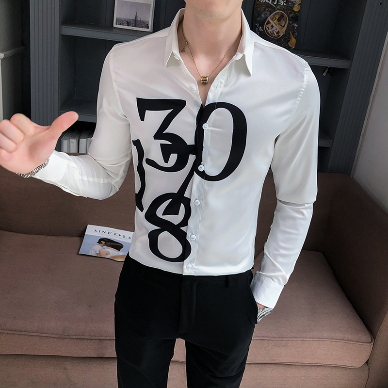 

2021 New Mode Autumn Digital Male Shirt Thin Korean Fitting Men's Casual Shirts Long Sleeve All Games Streetwear Tuxedo Bo7c, Black