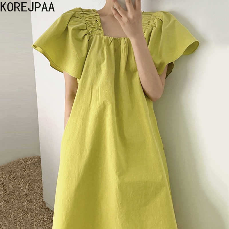 

Korejpaa Women Dress Summer Korean Chic Lazy Style Thin Square Collar Ruffled Sense Loose Casual Flared Sleeve Vestidos 210526, Orange