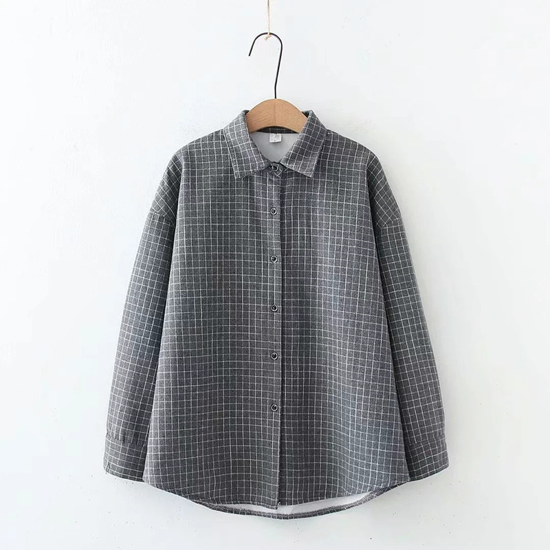 

2021 New Winter Veet Plaid Shirts Women Blouses Lazy Style Long Sleeve Warm Lady Tops Female Clothes Y5wy, Navy blue