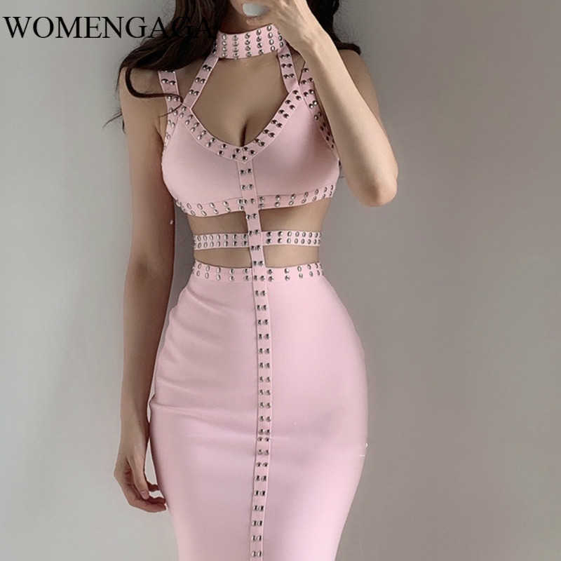 

WOMENGAGA Fashion Women Hollow Liuding Autumn High Waist Low Chest Hanging Neck Slim Hip Rivet Dress QW74 210603, Black