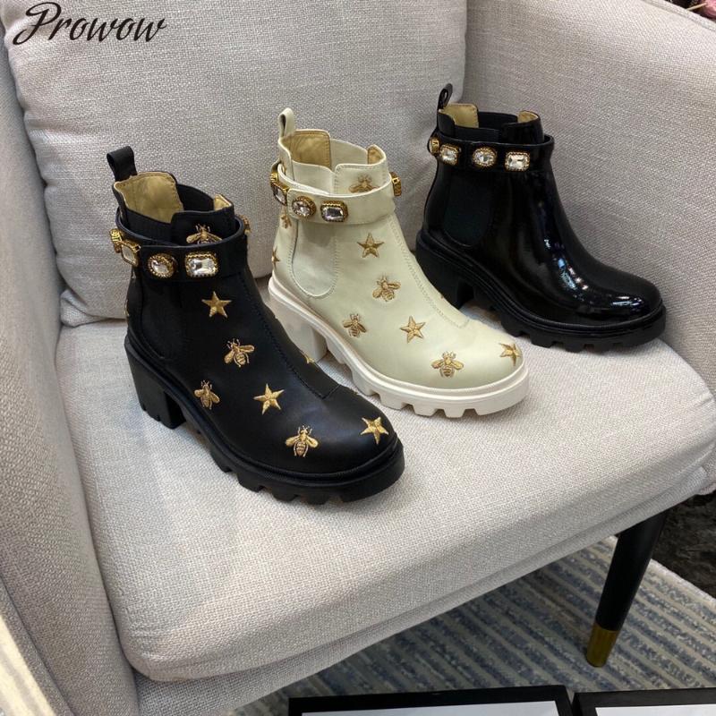 

Boots Prowow Winter Shoes Women Ankle Genuine Leather Round Toe Slip On Med Heels Crystal, Black