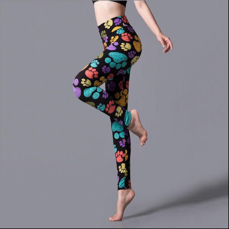 

fashion high waist elasticity womens leggings leopard printing colored stripes pants push up workout flower paw bottom, Black