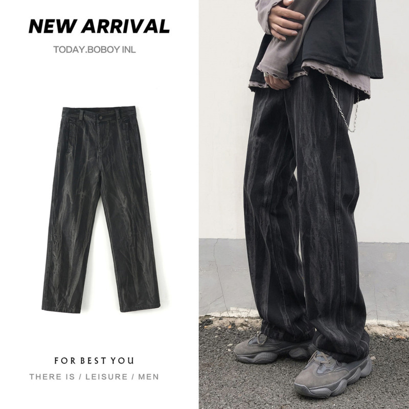 

2021 New Wide-leg Men's Fashion Casual Retro Tie Dye Jeans Men Streetwear Wild Hip-hop Straight Denim Pants Mens S-2xl 9ehl, Black