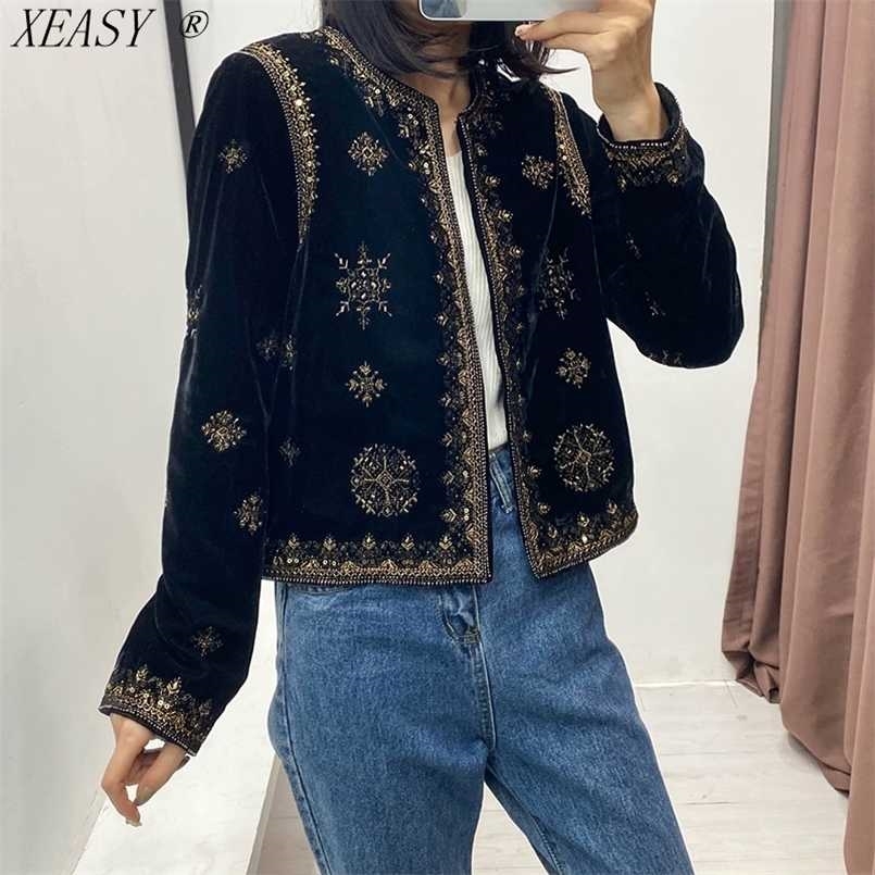 

Women's Retro Style Heavy Industry Embroidery Sequins Decorative Velvet Short Cardigan Jacket Autumn And Winter 211029, Black