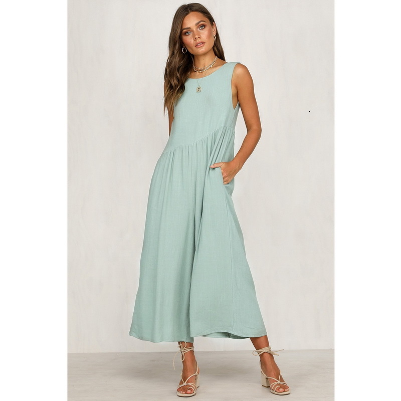 

2021 New Summer Sleeveless Womens o Neck Solid Color Strapless with Pockets Women Jumpsuit Khxk, 06