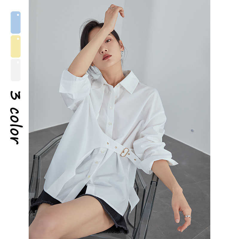 

FANSILANEN Fashion belt casual white blouse shirt Women long sleeve spring button up Office lady elegant blue top female 210607, Yellow
