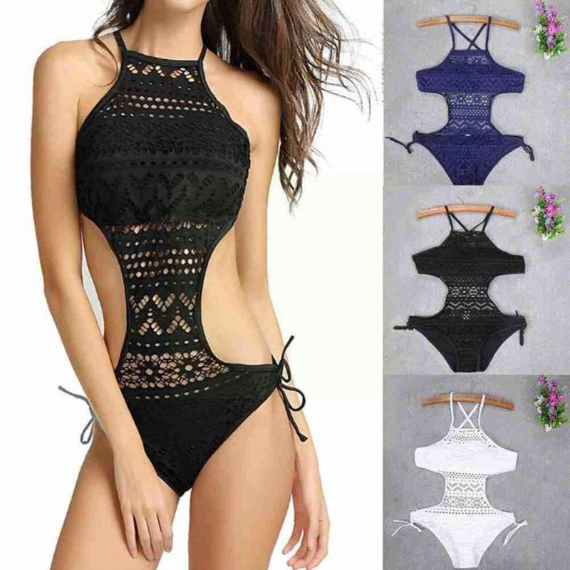 

Women' Swimwear Sexy One Piece Swimsuit Backless Halter Beach Crochet Suit Bathing For Women Swimming Bikini 2021 Black M1T1