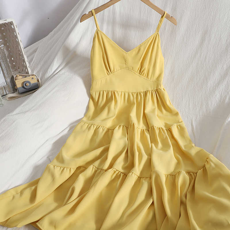 

Sexy Spaghetti Strap Dress Women Elegant V-Neck Sleeveless Yellow/Red/Blue Vestidos Casual Vacation Beach Female Robe Summer New Y0603