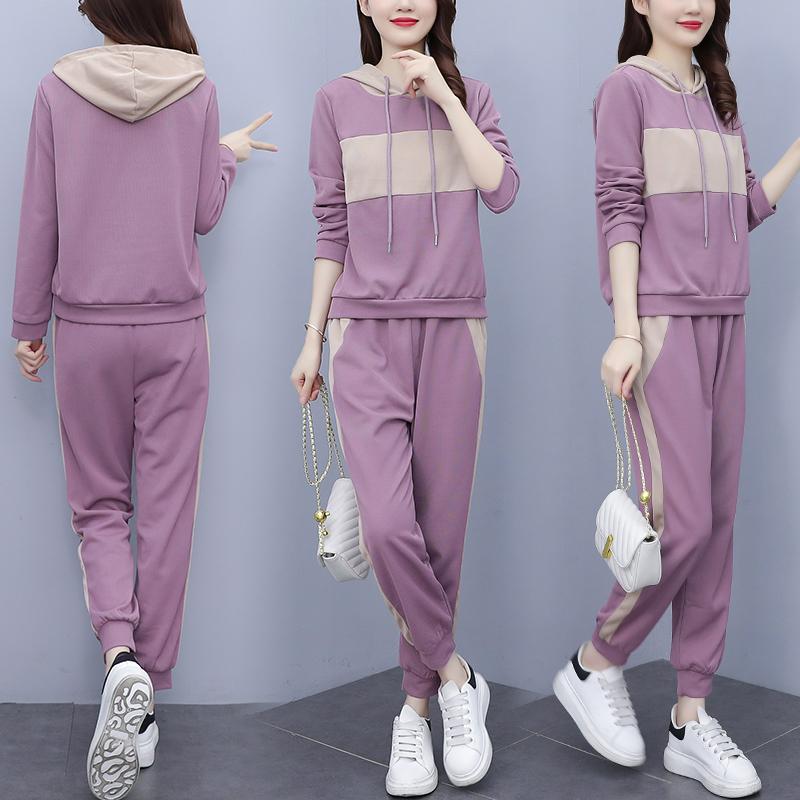 

Women's Two Piece Pants Casual Sports Suit Autumn Hooded Sweater Fashionable Slim Two-piece Set Ensemble Femme Deux Pieces Year-old Female C, Purple