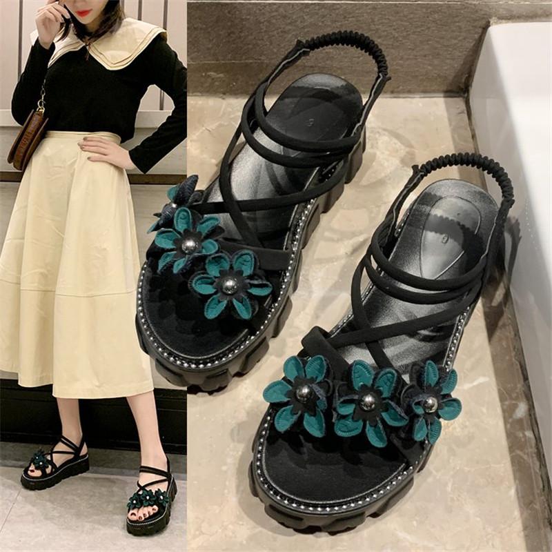 

Fashion Narrow Band Flower Wedge Open Toed Sandals Women 2021 Summer New Platform Beach Woman Shoes Chunky Thick Sole Sandals, Black