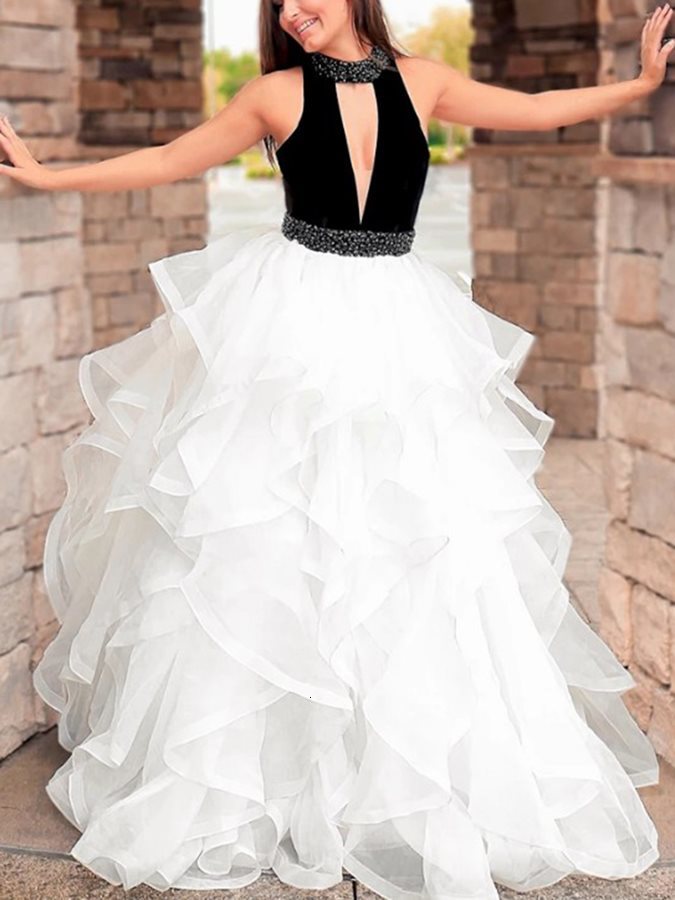 

2021 New High Neck Beading Hollow Long Prom Gorgeous Top Veet Ruffles Formal Party Evening Gowns Robe De Soriee Puqp