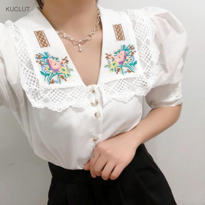

Women's Blouses & Shirts Shirt Sense Of Design Small Crowd Summer Embroidery Baby Collar Lace Light Ripe Wind Bubble Sleeve Top, Green