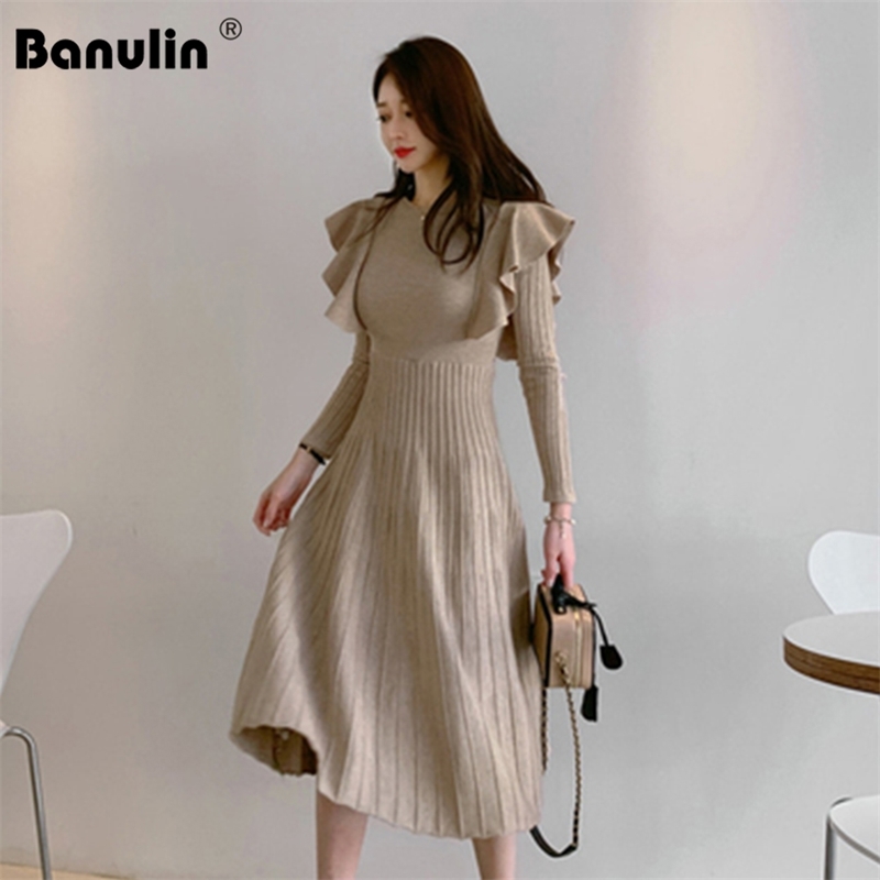 

Banulin Autumn Winter Sweater Dress Women Crew Neck Ruffles Long Sleeve Pullovers Ladies Pleated knit Thick 210603, Apricot