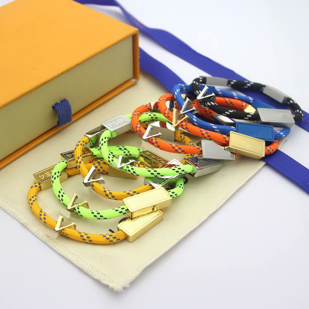 

Europe America Fashion Style Men Lady Women Titanium steel Colored Nylon Rope Pull-out Bracelet With Engraved V Initials Square Metal, Golden;silver