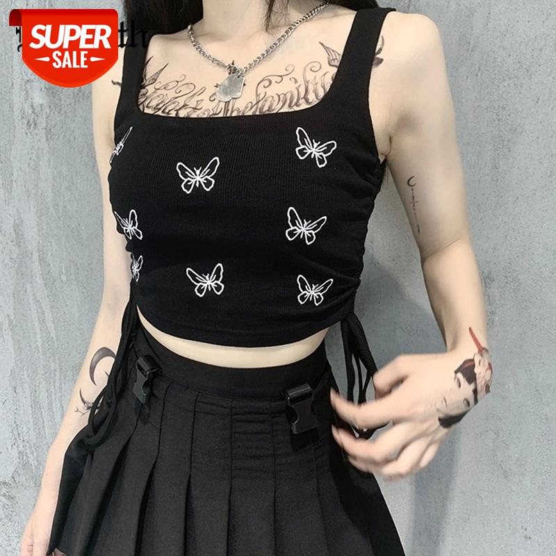 

InsGoth Bandage Crop Tank Tops Gothic Women Camis Summer Butterfly Print Bodycon Tank Tops Casual Sleeveless Female #8S1L, White