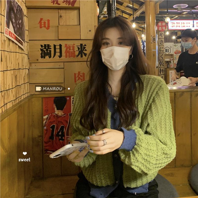 

Women's Knits & Tees Design Sense Contrast Color Knitted Cardigan Top 2021 Early Minority Loose Versatile Long Sleeved Sweater Jum, Green