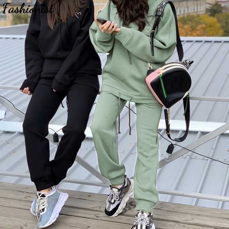 

Heart Print Fashion Oversized Hoodie Set Women Thick Fleece Sport Suit Hooded Sweatshirt Autumn Winter Women' Two Piece Set 210709, Camel white heart