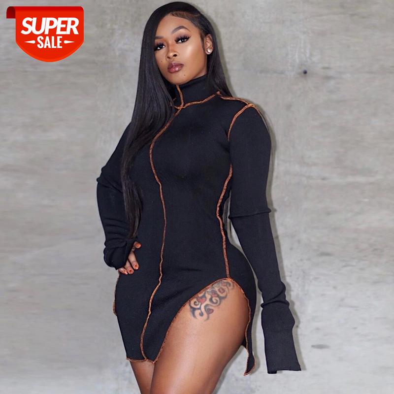 

hirigin 2020 Fall Black Ribbed Sexy Bodycon Dress Long Sleeve Turtleneck Slit Mini Dresses for Women Club Night Wear #Ky9F, Black;gray