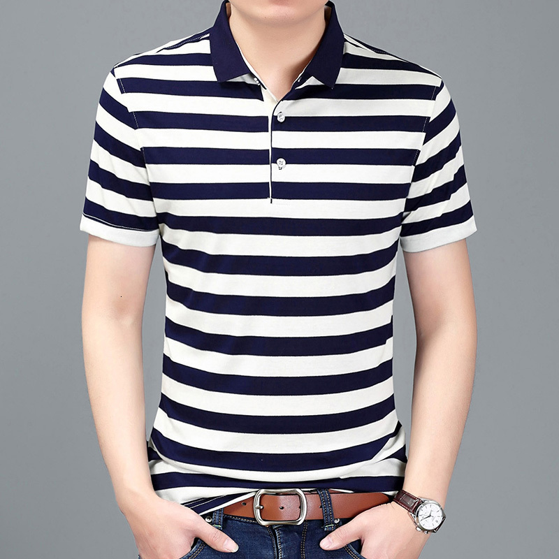 

2021 Summer Mens Striped Short Sleeve New Fashion Lapel Polo Shirt Men Cotton Smart Casual Top 65q4, Navy