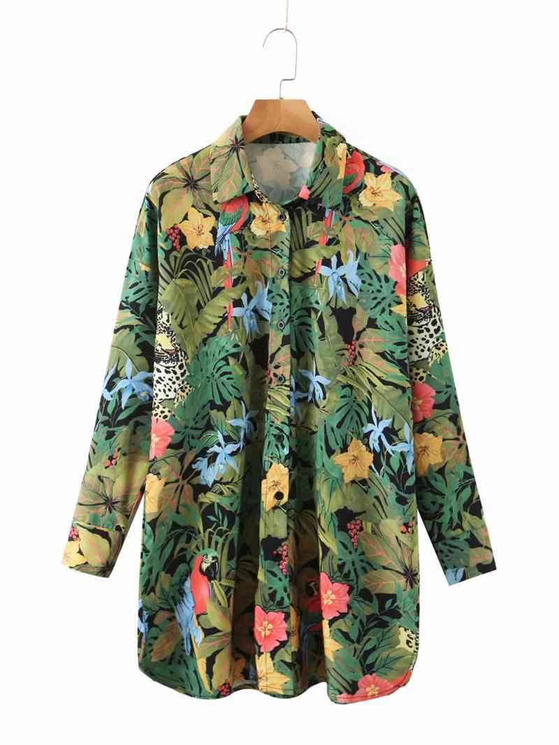 

Vintage Floral Long Blouse Women Turn Down Collar Sleeves Spring Ladies Tops Casual Loose XZ2424 210525, Green