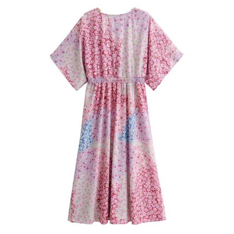 

2021 Holiday Ruched Deep V neck Hit Color Floral Print Shirt Dress Woman Back Elastic Waist Single-breasted Buttons Midi Dresses, Red