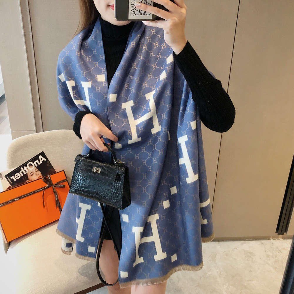 

New H-letter cashmere like scarf women's double-sided warm shawl versatile long thick neck in autumn and winter, Blue;gray