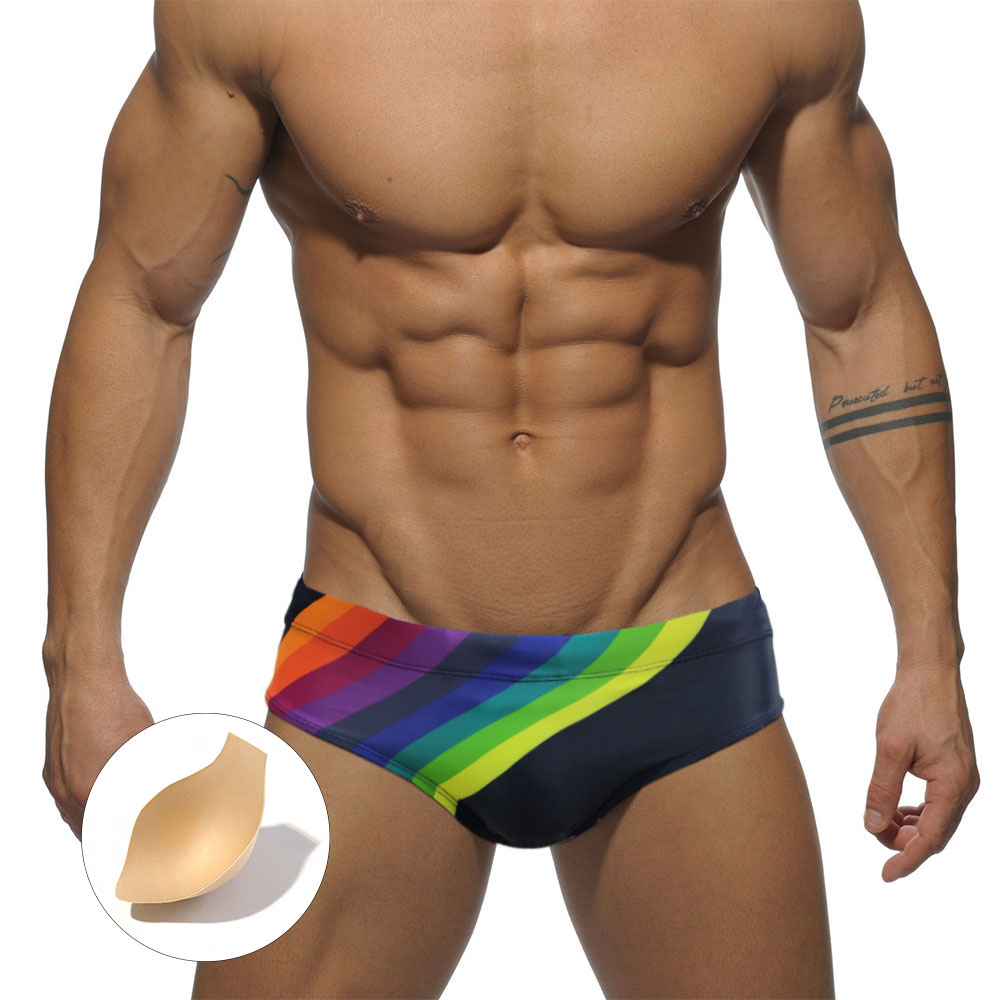 Rainbow Men's Swimwear Sexy Low Caist Surffing Beachwear Thating Swalming Tiras de maiô respirável para show masculino