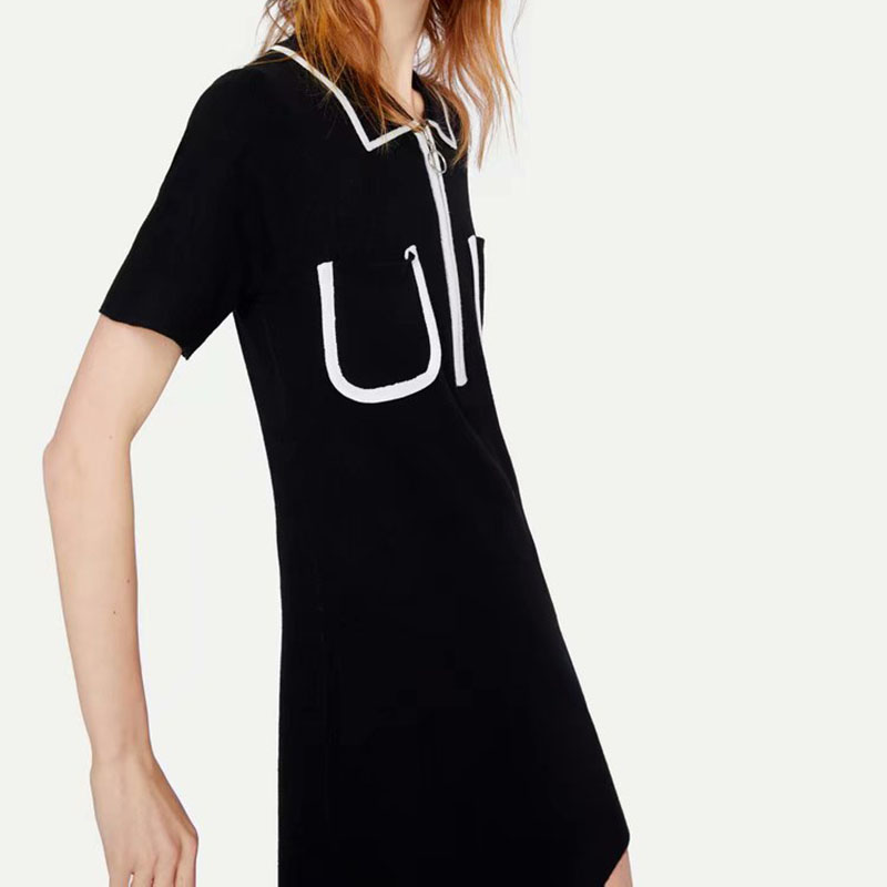

Women Summer Short Sleeve Knitted Dress Vintage Pockets Female Zipper Mini Dress Casual Street Wear Lady A-Line Dress, Black;gray