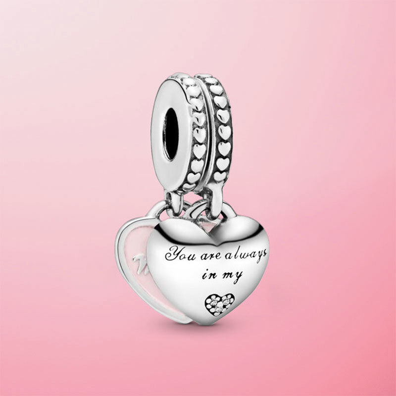 925 Sterling Silver Mother & Daughter Hearts Dangle Charm Beads Fit Original Pamura Charm Bracelet Jewelry Mum Mom Gift Q0531-image-703933398