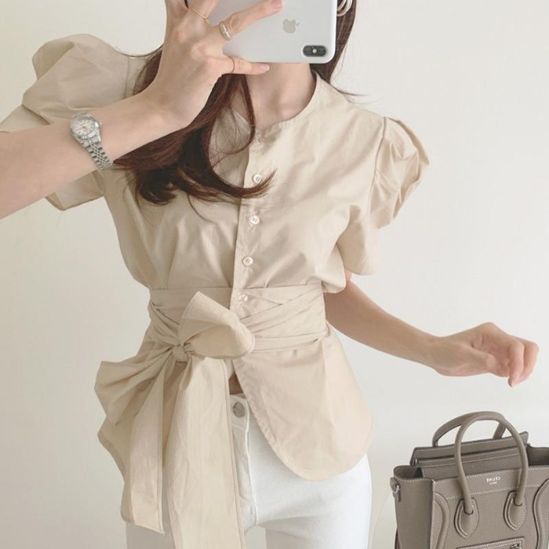 

Women's Blouses & Shirts Chic Korean Summer Minimalism O Neck Lace Up Puff Short Sleeve Bow Bandage Blouse Single-breasted Casual Retro Blus, White