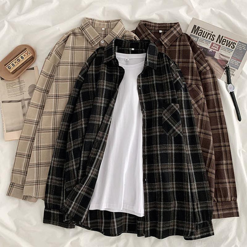 

Women Plaid Shirt Oversize Korean Blouse Female Fashion Long Sleeve Vintage Shirts Spring Autumn Casual Harajuku Blusas Largas, Black 093205