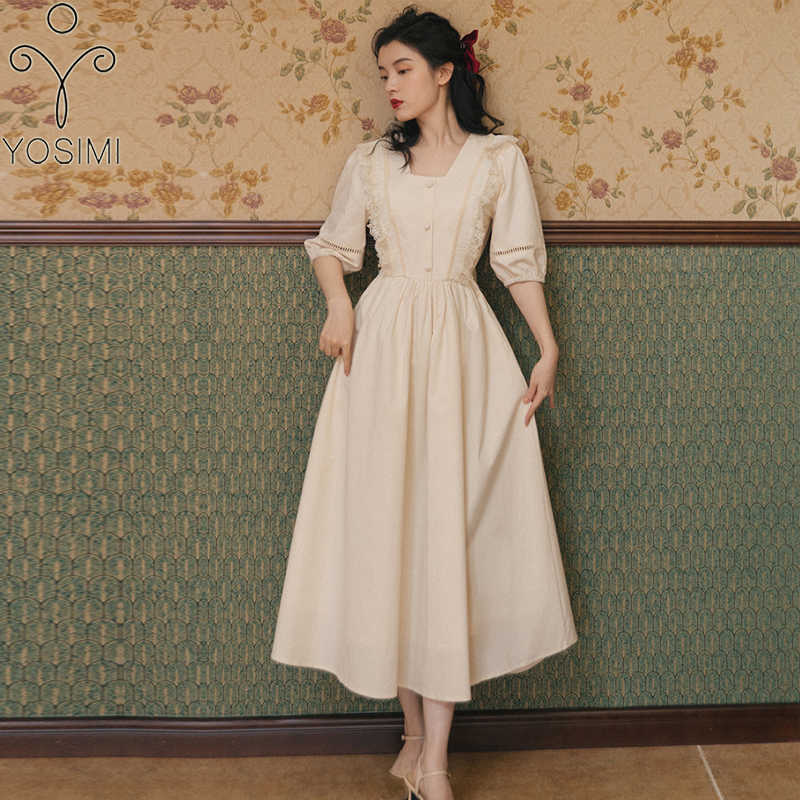 

YOSIMI Beige Lace Long Dres Summer Vintage Half Sleeve Strapless Neck Fit and Flare Mid-calf Empire A-line Dresses 210604