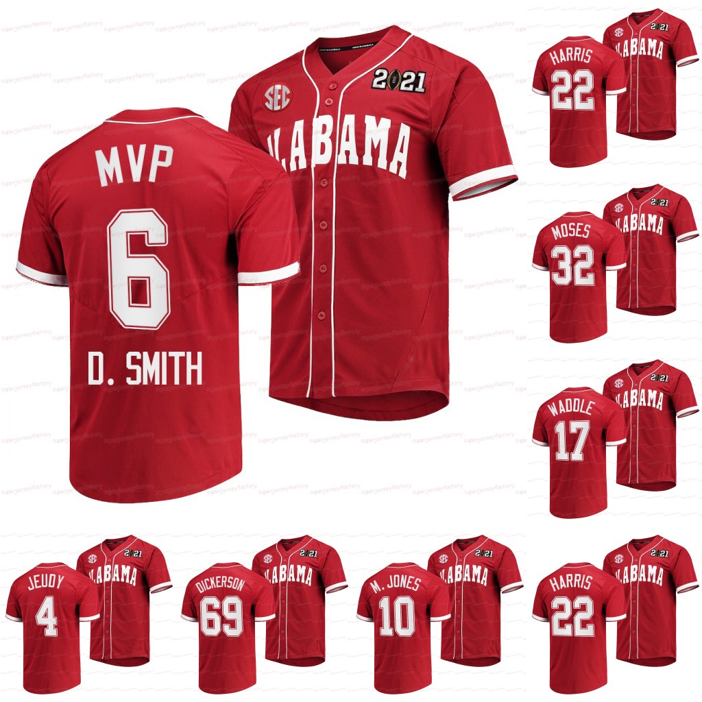 

2021 CFP National Championship Alabama Crimson Tide Baseball Jersey Crimson Special DeVonta Smith Dylan Moses Jaylen Waddle Jerry Jeudy Dickerson Jones Harris, 6 devonta smith
