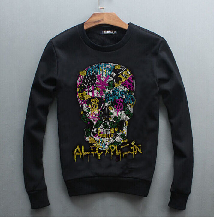

2021 New Rhinestones Sweatshirt Hoodies Men Long Sleeve Casual Loose Black Color Round Neck Sports Pullover Sm8m, As shown