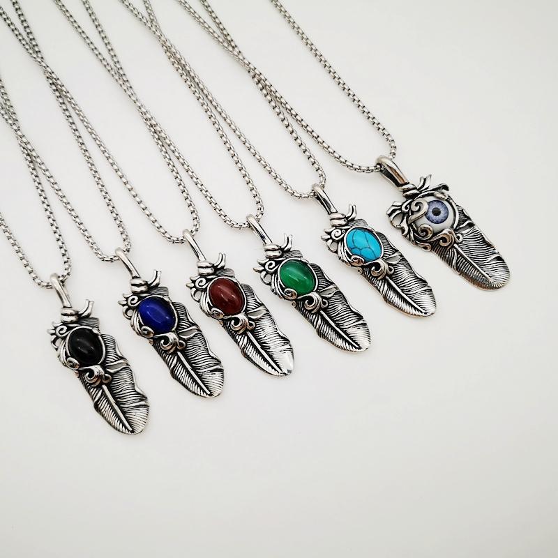 

Pendant Necklaces Fashion Jewelry Choker Men Necklace Vintage 316L Stainless Steel Feather Pendants Natural Stone Charms
