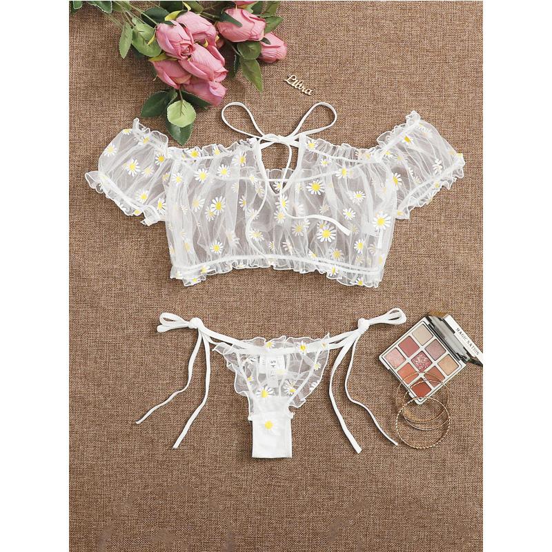 

Bras Sets Porno Women Sexy Lingerie Set Costumes Babydoll 2Pcs Pajamas Thongs +Tops Daisy Print Lace Transparent See-through Panties, Blue