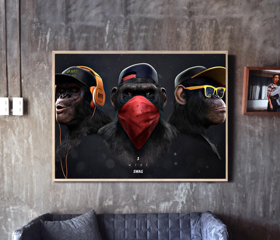 

Three Gorilla Monkey Headphone Animal Canvas Painting Living Room Modern Home Decor (Unframed) Painting free shipping
