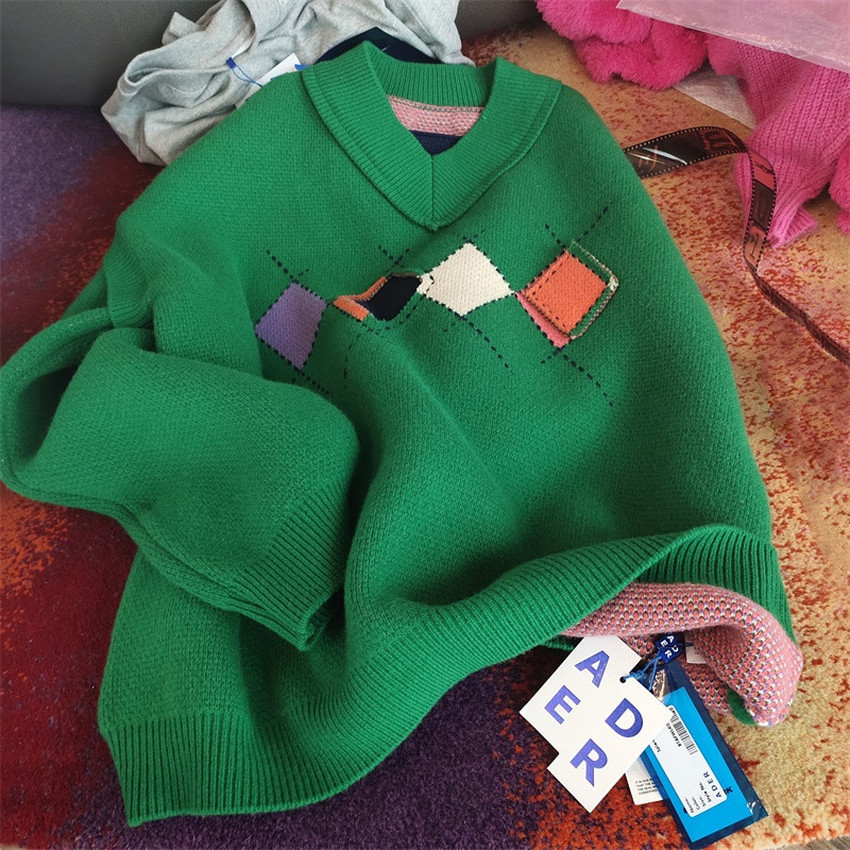 

2021 New Green British College Style Ader Error Sweater Men Women V-neck Plaid Adererror Sweatshirts Knit Mens Clothes Erpc