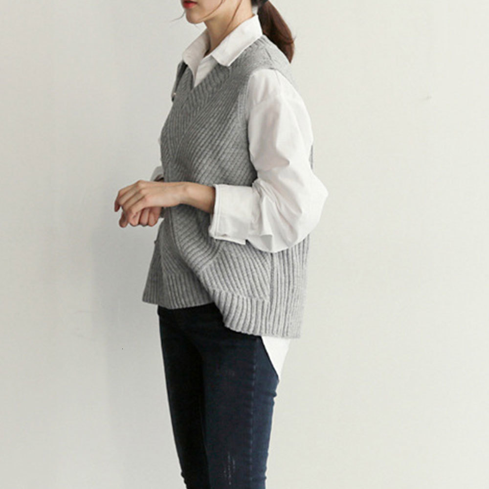 

2021 New Casual v Neck Spring Autumn Twist Striped Women Vest Sweater Solid Sleeveless Oversized Jumper Knitted Loose Ladies Pullover Htn1, As photo