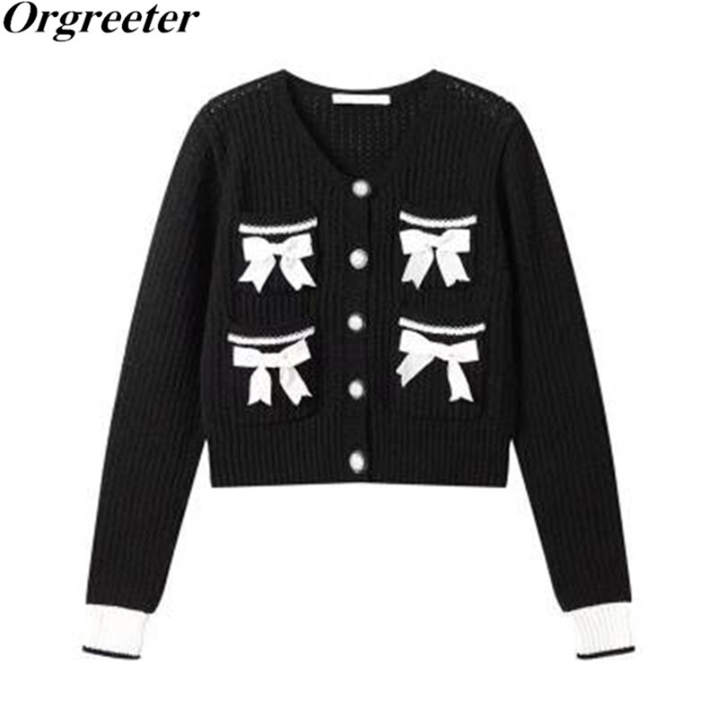 

Sweet Bowknot decorated Cardigan Short Knit Tops Spring Fall Women's Hollow out Long Sleeve Single-breasted Thin Sweater 210602, White