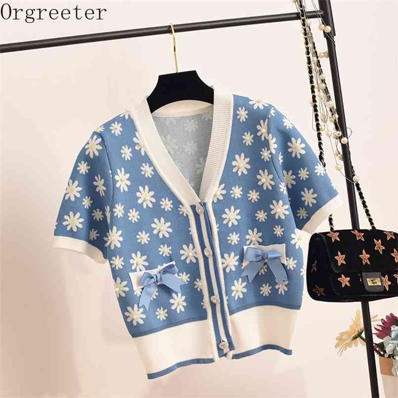 

Knitwear Thin Cardigan Women's Knitted Top Sweet Flower Bowknot Sweater Female V-neck Pearl Beaded Short Sleeve Cropped Tops 210602, Blue