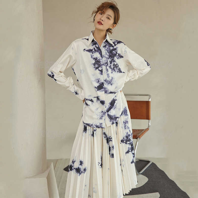 

two piece dress [eqw] shirt and skirt plied with casual female silk ink pattern, , autumn , w1671 jprg, White